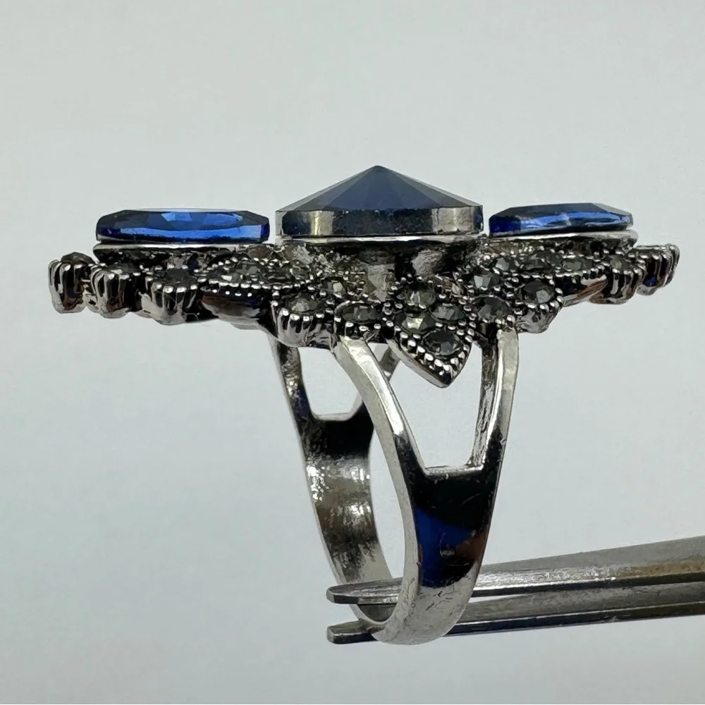 Silver Tone Blue Crystal Statement Ring Gothic Vintage Glam Cocktail Sz 7